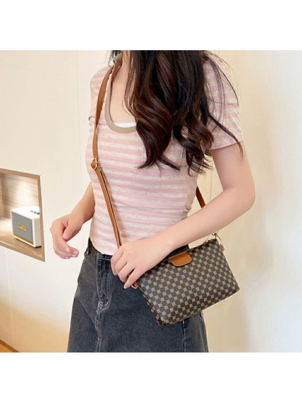 Mini Vegan Leather Print Monogram Square Zipper Crossbody - Picture 11 of 17